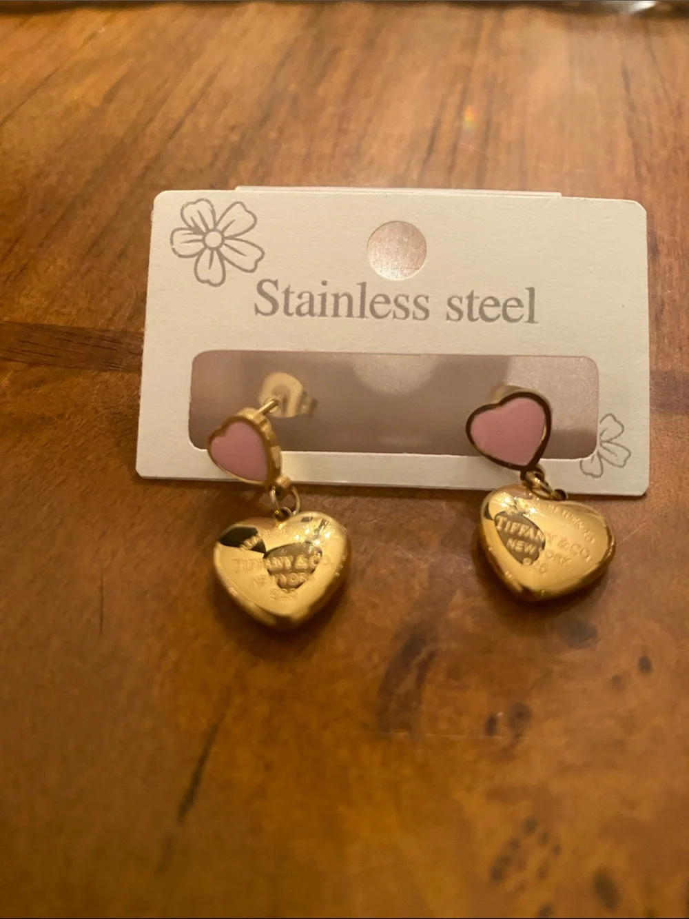 Gold & Pink Heart Drop Earrings - Stainless Steel